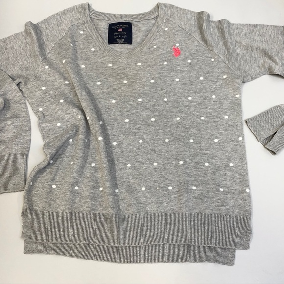 Ladies Grey Polo Brand V Neck Sweater, Grey with white polka dots, Sz L - Picture 6 of 12